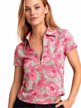 Maeve Anthropologie Floral Zip Polo Top Pink Mint Green XS Excellent Condition!